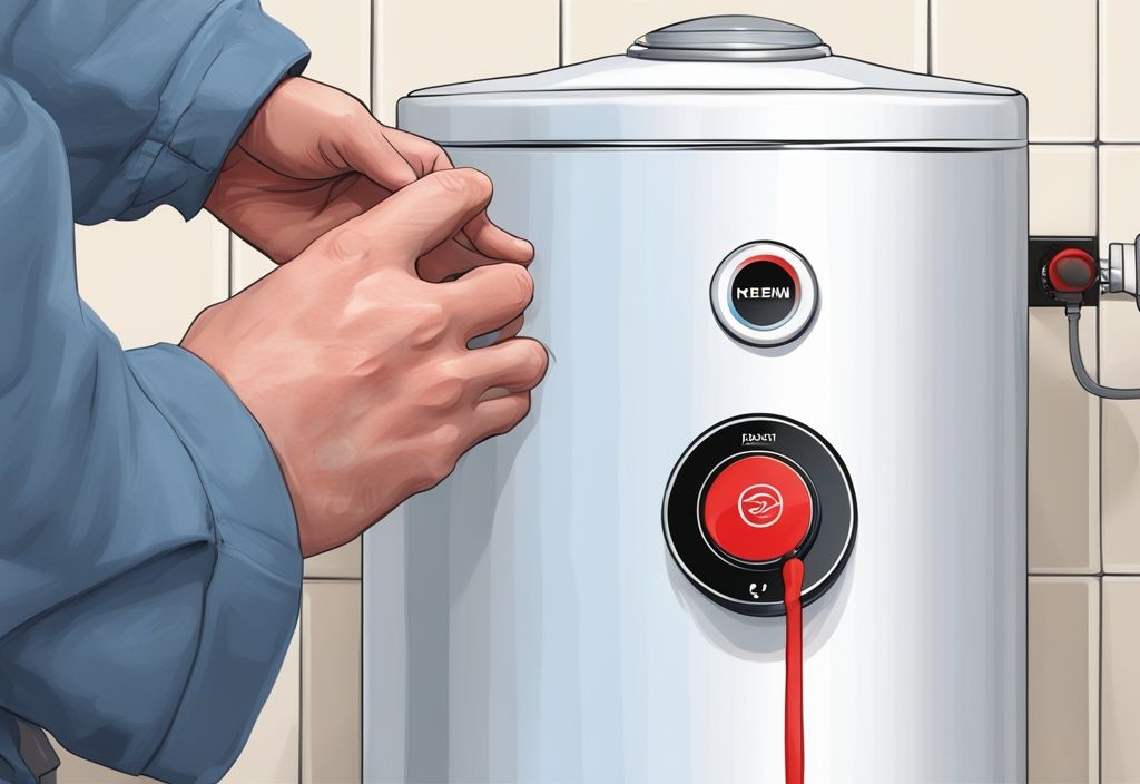 Close-up of a hand pressing the red Rheem reset button on a white Rheem water heater device, modern digital painting illustration with blue theme.