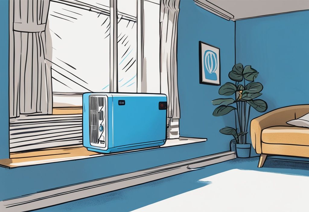 Modern digital painting of a GE window air conditioner with flashing indicator lights and sound wave beeping noise, blue color theme.