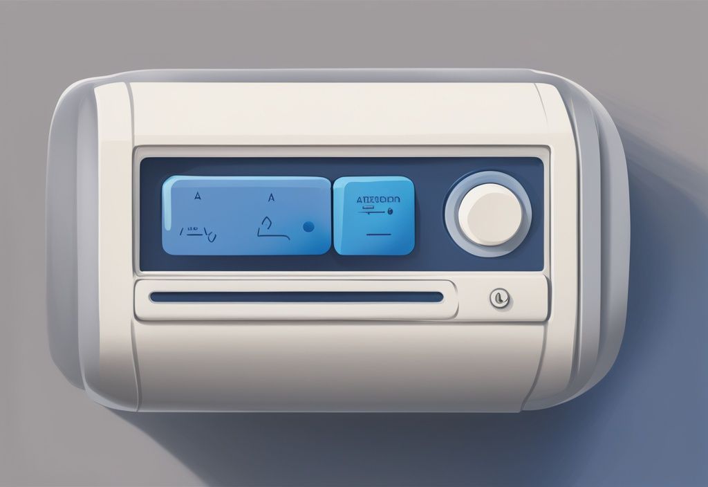 Modern digital painting illustrating a detailed Friedrich air conditioner remote control with clearly labelled symbols and buttons, main color theme blue.