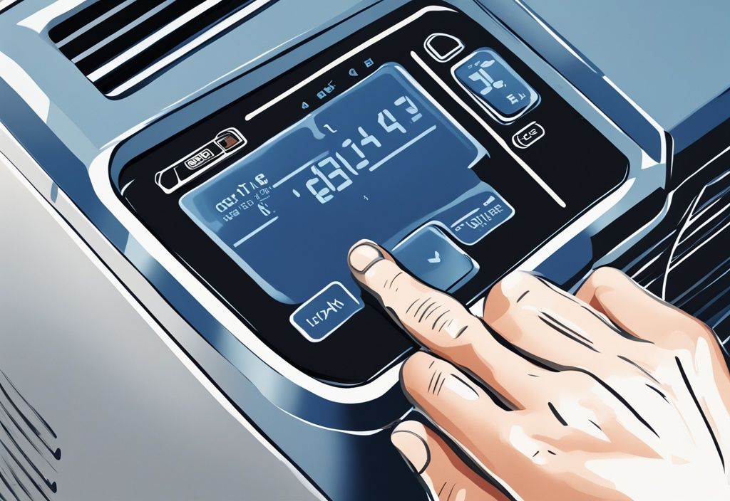 Close-up of a hand pressing the GE air conditioner reset button in a modern digital blue-themed illustration.