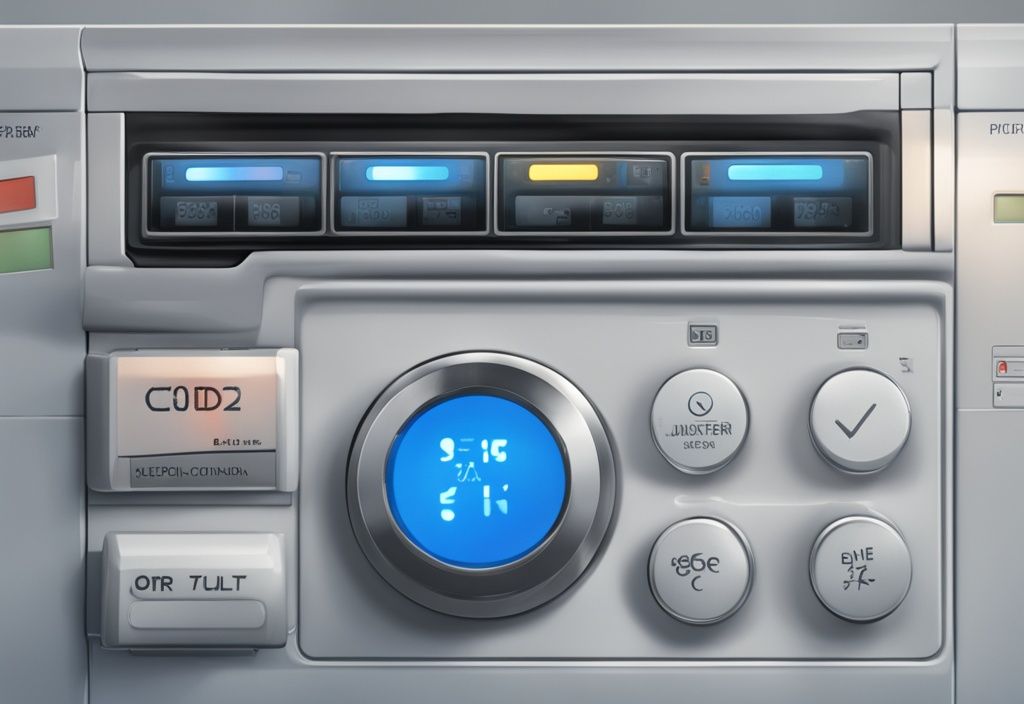 Close-up of Fujitsu air conditioner control panel with flashing error code lights in modern blue-themed digital painting illustration