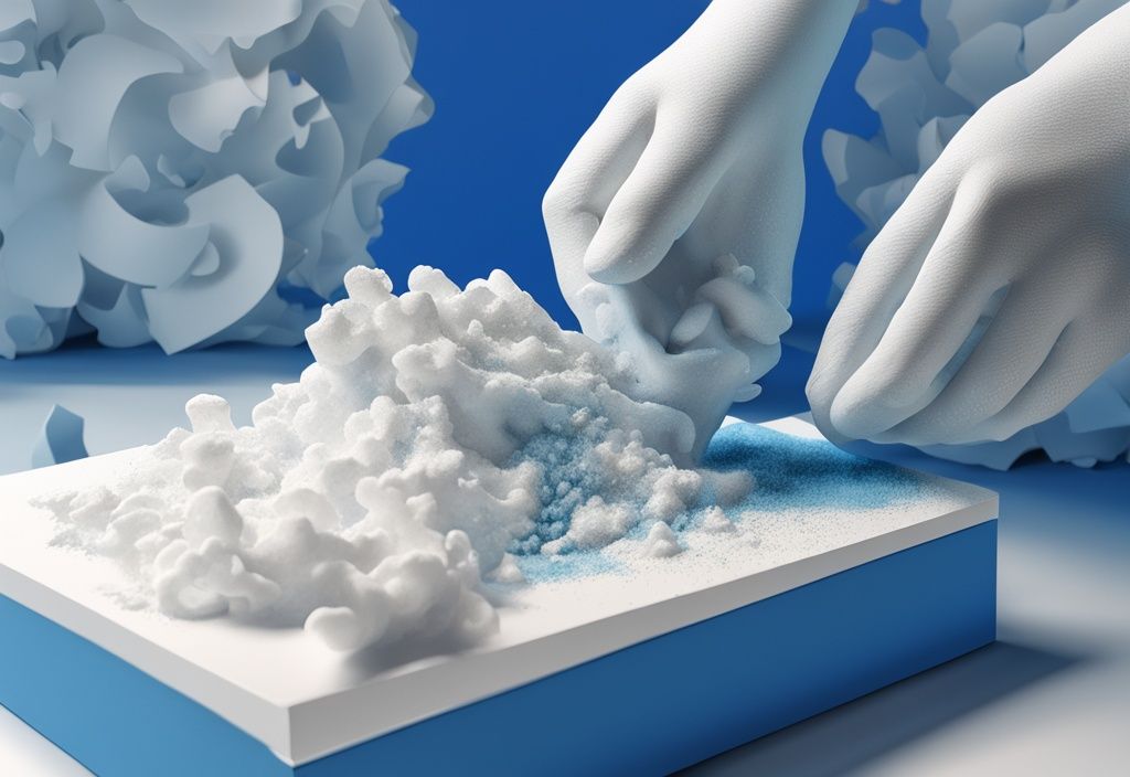 Modern digital painting of intricate styrofoam sculpture in blue theme with scattered crumbs, highlighting styrofoam in air conditioner.