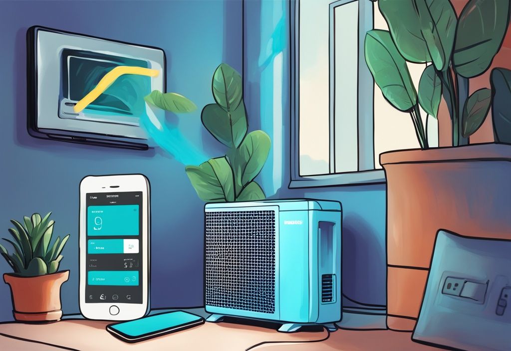 Modern digital painting of smartphone with Hisense app connecting to Hisense AC unit via Wi-Fi, blue color theme.