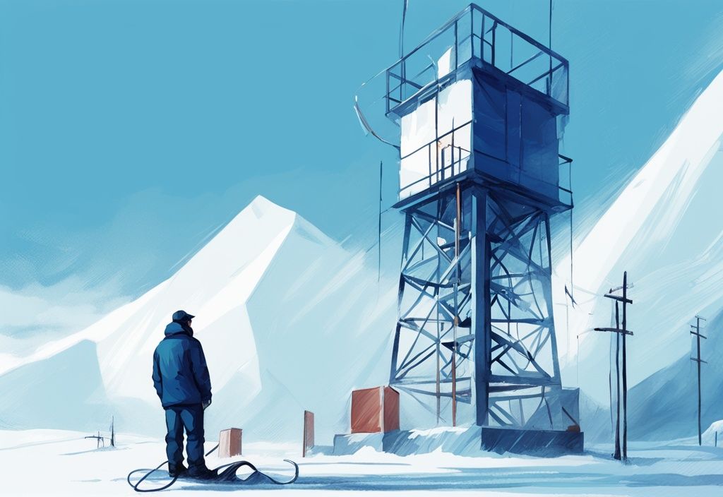 Person troubleshooting Arctic Air Tower with toolkit in modern blue-themed digital painting