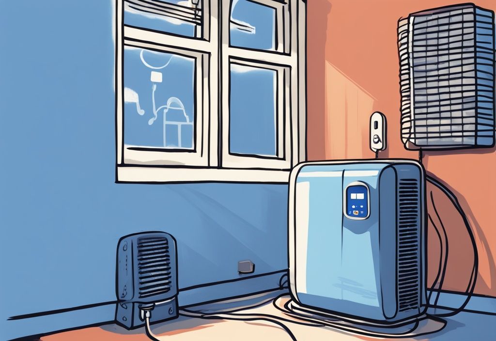 Modern digital painting illustration in blue theme showing an air conditioner unit plugged into a surge protector, demonstrating safe electronic practice; can you plug an ac into a surge protector.