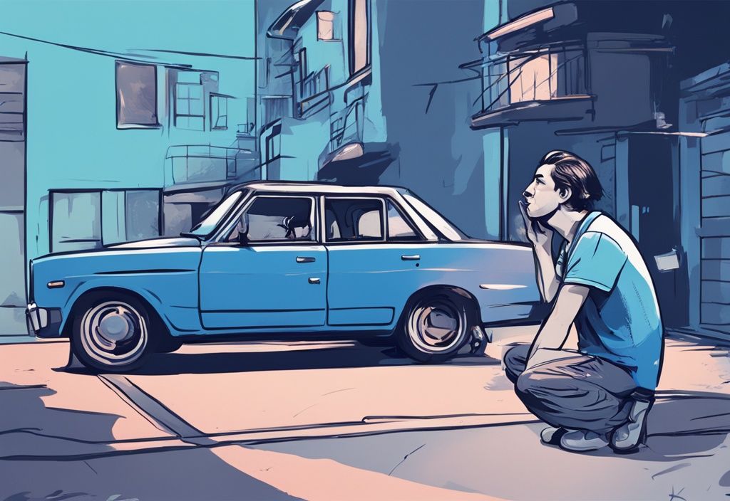 Modern digital painting of a perplexed car owner dealing with a car AC that smells like vinegar, with a blue color theme.