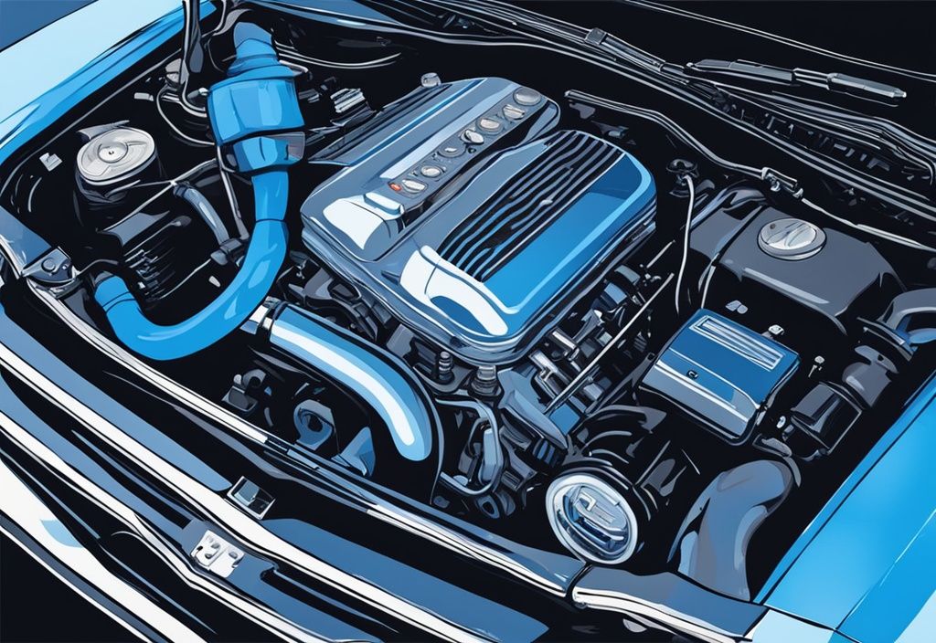 Modern digital painting of a car engine with highlighted AC condenser, blue color theme