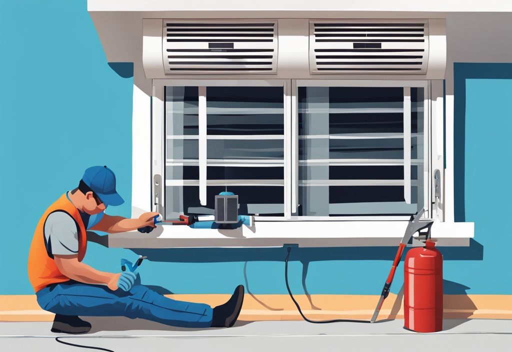 Modern digital painting of a man demonstrating how to seal window AC unit with tools and sealant in hand, blue-themed illustration.