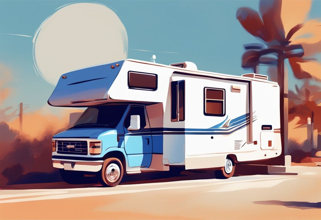 Modern digital painting of an RV under a bright sun with AC turning on and off, blue color theme.