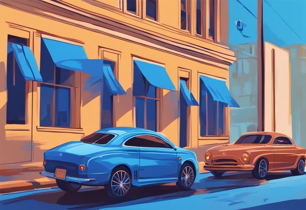 Modern digital painting of two cars; one parked with cold air from AC, the other in motion with warm breeze from vents, blue color theme.