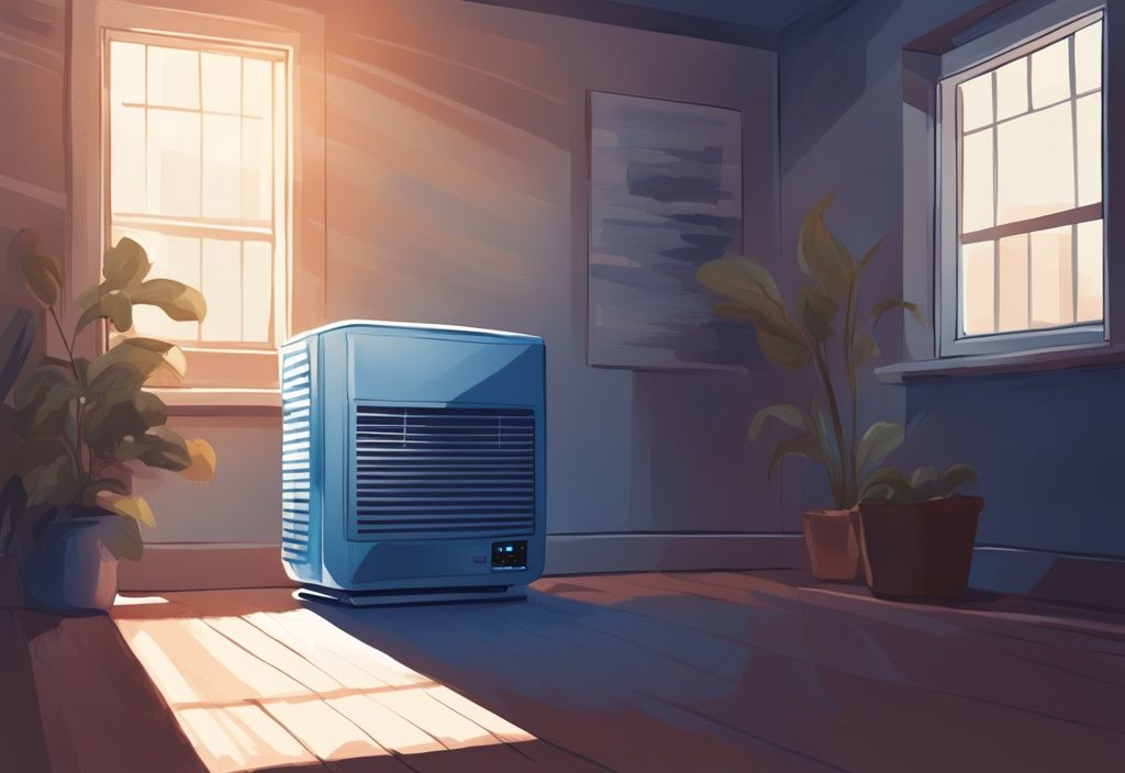 Modern digital painting of a blue-themed compact air conditioner in a dimly lit basement window with sunbeams adding warmth.