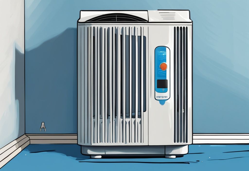 Modern digital painting of AC drip pan with water level markings under air conditioner showing ideal water amount, blue color theme.