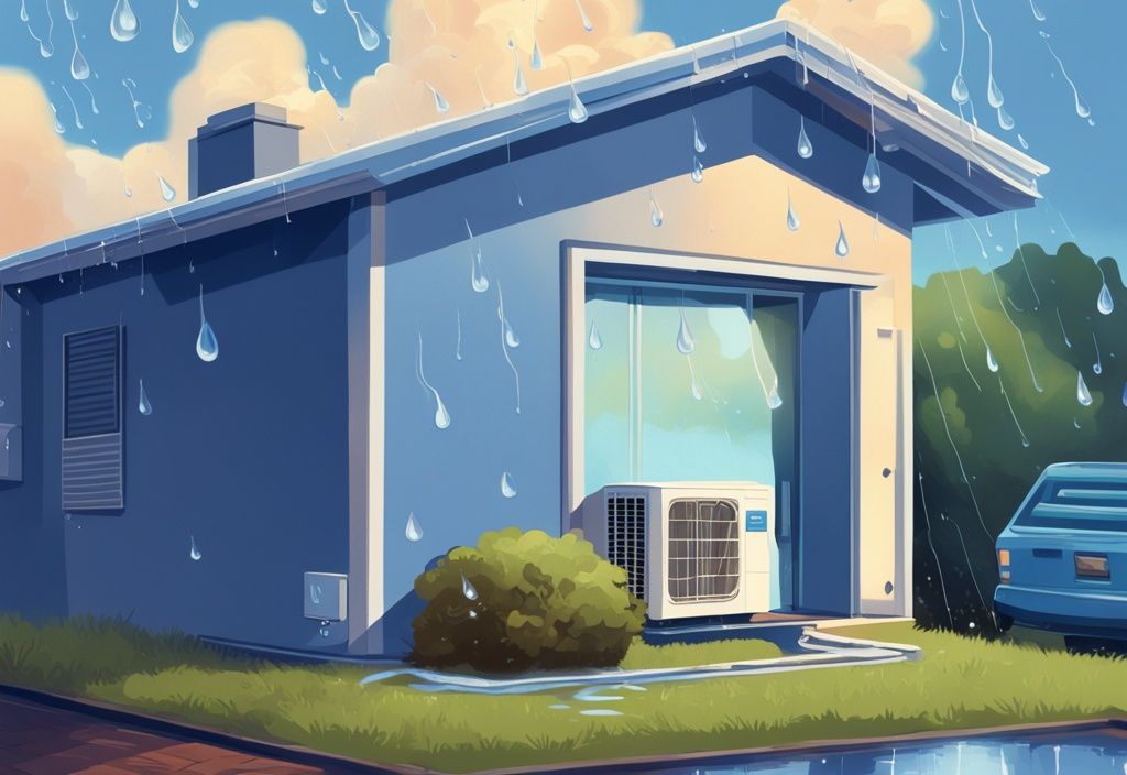 Modern digital painting of a blue-themed house exterior with a window AC unit dripping water, forming a puddle beneath as the sun emerges after rain.