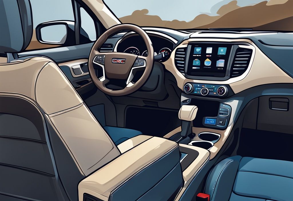 Modern digital painting of a GMC Acadia dashboard with AC control light flashing 6 times, blue color theme, gmc acadia ac light flashes 6 times.