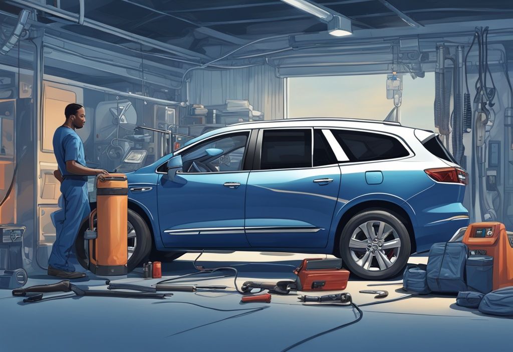 Modern digital painting of a mechanic performing Buick Enclave AC reset with tools and open car hood, blue color theme.