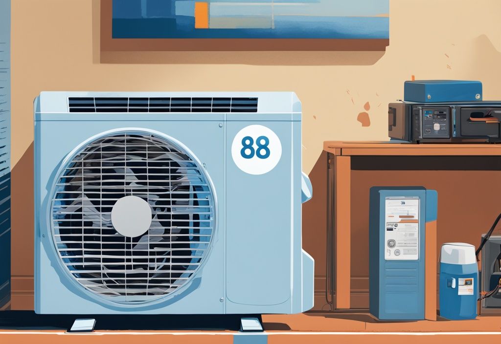 Modern digital painting of GE air conditioner showing error code 88 on screen, with toolbox and manual nearby, signifying ge ac error code 88 fix in progress, main color theme blue.