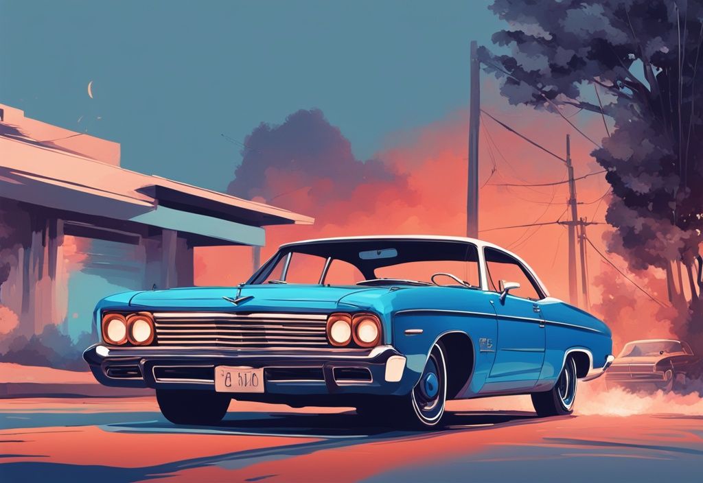 Modern digital painting of a blue-themed Impala car parked roadside with hood open, engine hot ac off Impala but not overheating.