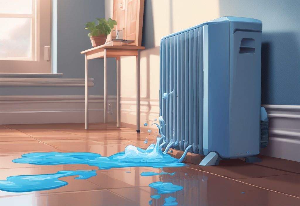 Modern digital painting of a portable AC leaking water in a domestic setting with blue color theme.