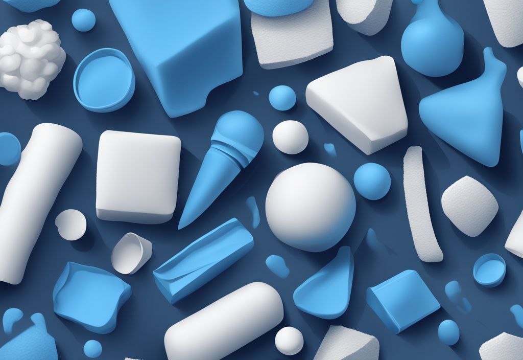 Modern digital painting illustration with blue theme, various sized Styrofoam pieces scattered on smooth surface showcasing different uses and forms.