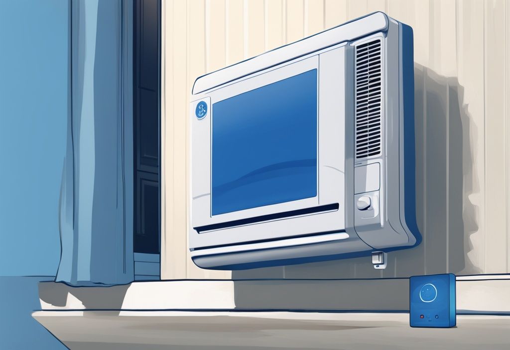 Modern digital painting of GE air conditioner with malfunctioning touchpad, blue theme