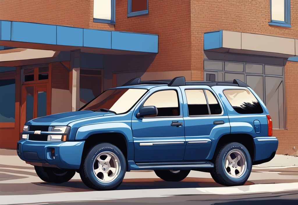 Modern digital painting of a 2004 Trailblazer with open hood and malfunctioning air conditioning system, blue color theme