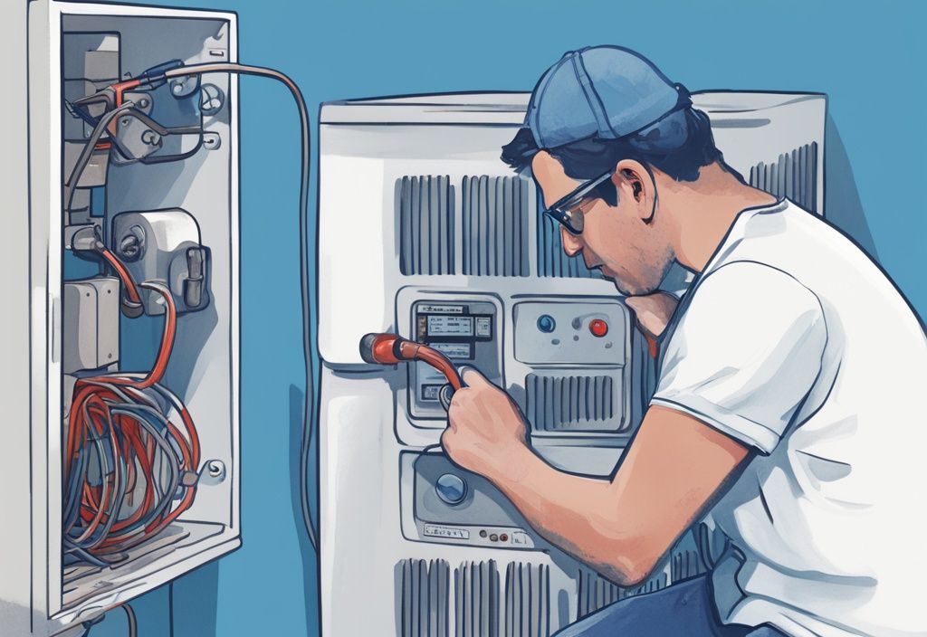 Modern digital painting of person resetting AC float switch, blue theme, open AC unit, tools displayed