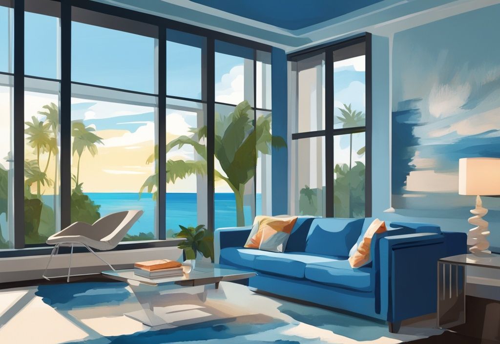 Modern digital painting of Sarasota Breeze Air Conditioner in sunlit living room with tropical landscape background