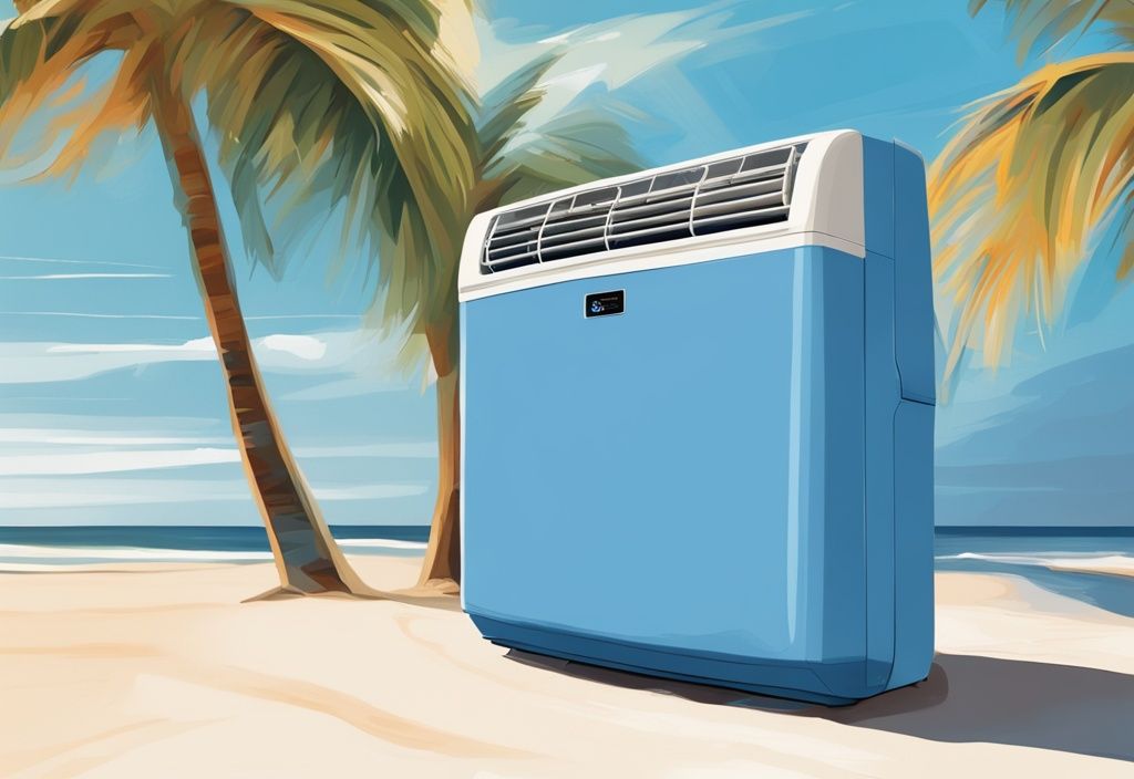 Modern digital painting of Sarasota Breeze Air Conditioner on sunny beach in Sarasota, Florida, with blue color theme.