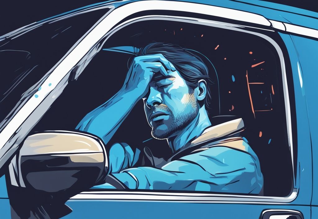 Frustrated driver wiping brow with hot air blowing from car AC vents in modern digital painting illustration, blue color theme