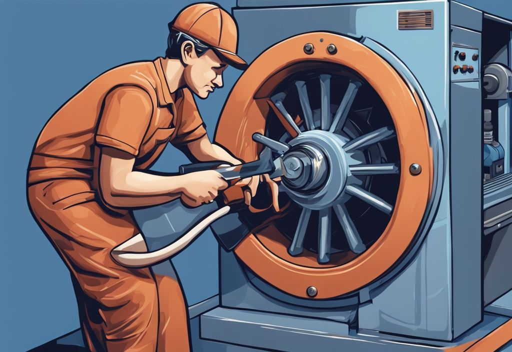 Modern digital painting of a person cleaning a furnace blower wheel with a brush, illustrating how to clean furnace blower wheel without removing it.