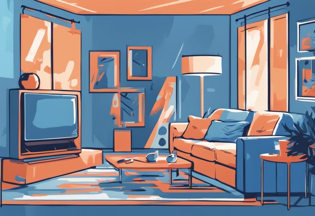 Modern digital painting of a homeowner covering ears due to noisy new air conditioning unit in blue-themed living room.