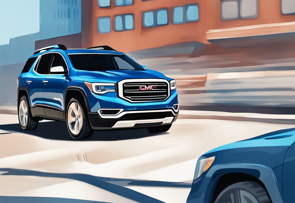 Modern digital painting of GMC Acadia dashboard with AC control light flashing 6 times, main color theme blue.