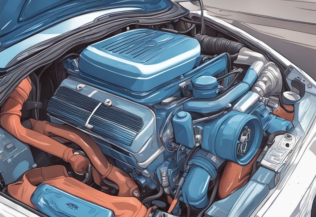 Modern digital painting of a car engine diagram in blue, highlighting where is the AC condenser located