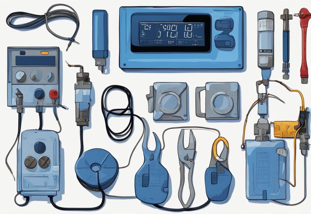 Modern digital painting of AC tools including 3 wire AC pressure switch, multimeter, and wiring diagrams, blue color theme