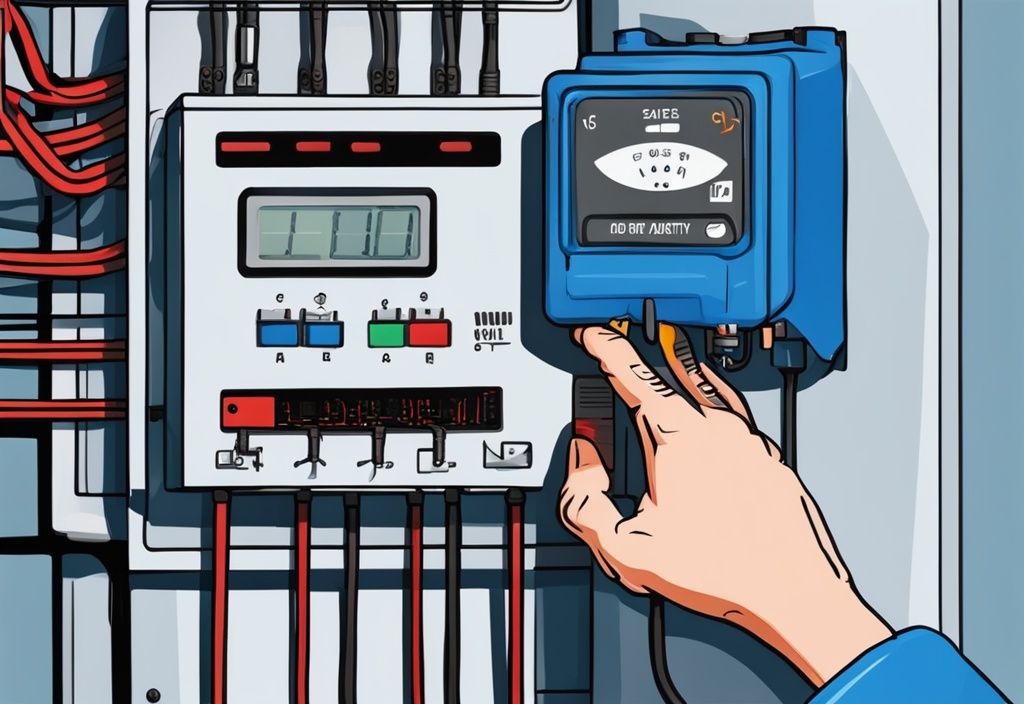 Electrician's hand gripping a contactor with digital meter showing zero activity, blue color theme