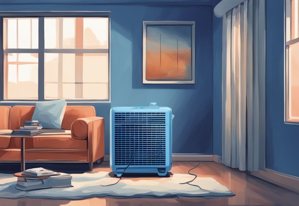 Portable AC unit with tripped breaker in contrast to a cool, comfortable room, digital painting, blue color theme