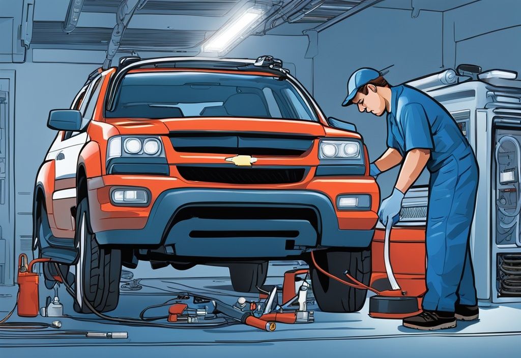 Mechanic inspecting 2004 Trailblazer air conditioning problems under the hood with tools spread around in a modern digital painting illustration, blue color theme.