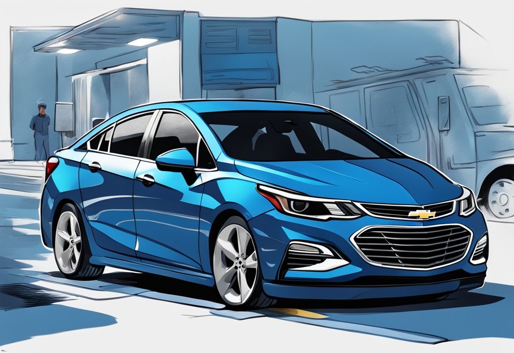 Modern digital painting of a blue Chevy Cruze with hood open, overheated engine, and AC button off on dashboard.