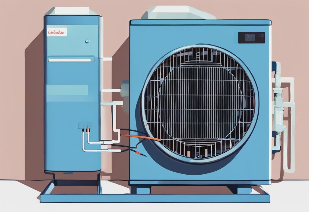 Cross-section of air conditioner with blue coolant system and functional indicators