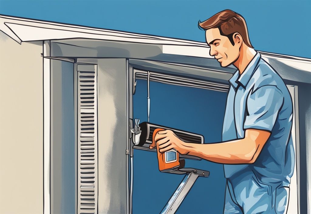 Man demonstrating how to seal window AC unit with tools and sealant in hand, modern digital painting in blue theme.