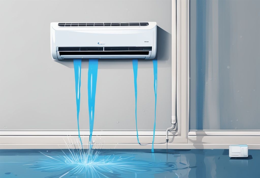 Modern digital painting of mini split leaking water onto floor, blue color theme.