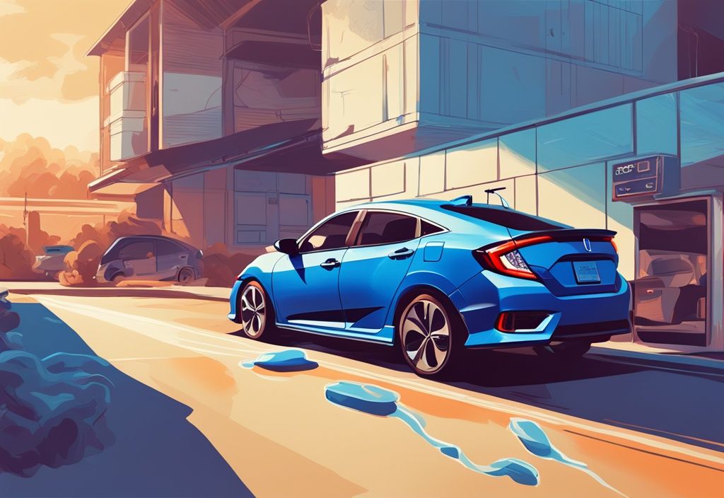 Modern digital painting of a blue Honda Civic parked under the sun with a frustrated driver adjusting non-responsive AC controls