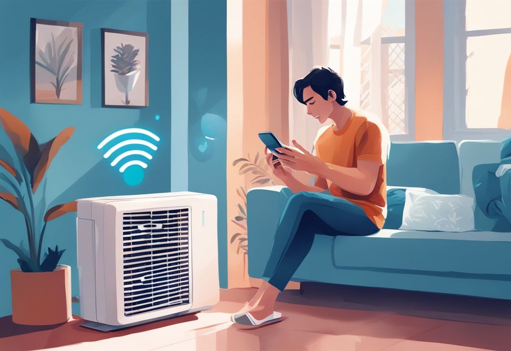 Modern digital painting of a person using a smartphone to connect Hisense AC to WiFi, with a blue color theme.