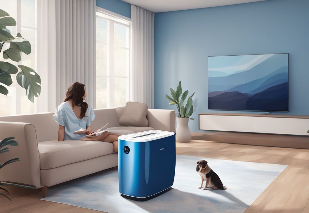 Modern living room with a sleek Pelonis portable air conditioner and a happy customer enjoying cool airflow, digital painting illustration, blue color theme