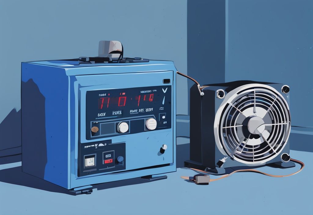 Modern digital painting of faulty AC compressor with digital timer showing 2-3 minutes, blue color theme.