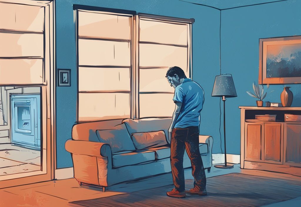 Modern digital painting of a distressed homeowner in a blue-themed living room, irritated by the loud noise from a newly installed air conditioning unit, illustrating the issue of "why is my new AC so loud inside my house".