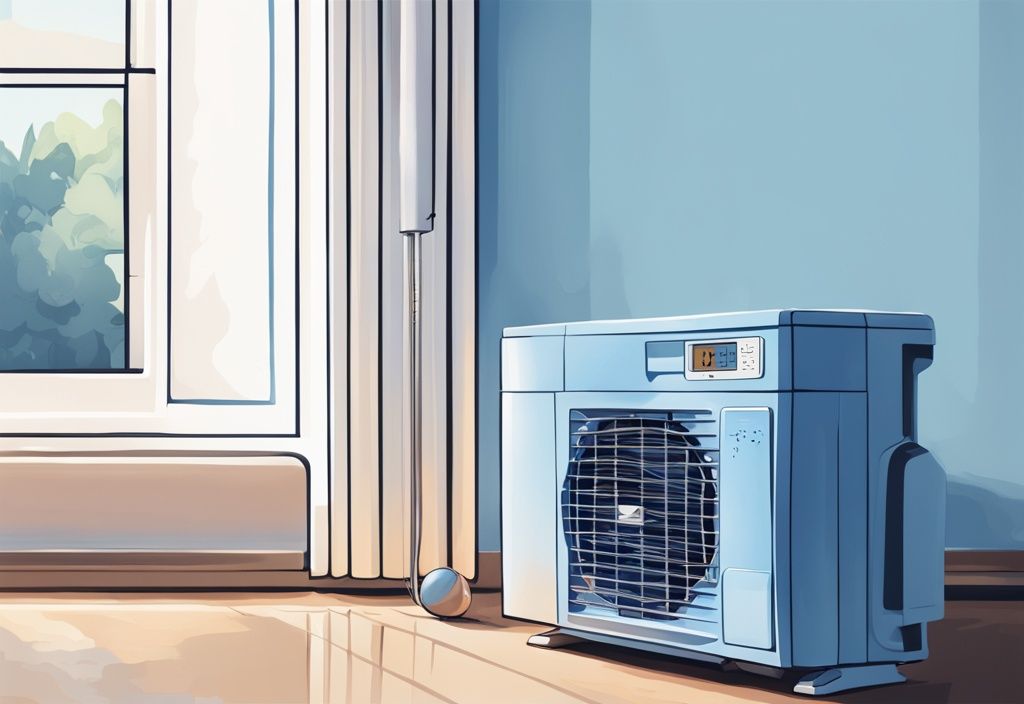 Modern digital painting of a Midea air conditioner with front panel open, exposing inner parts, and a thermometer showing high temperature, blue color theme