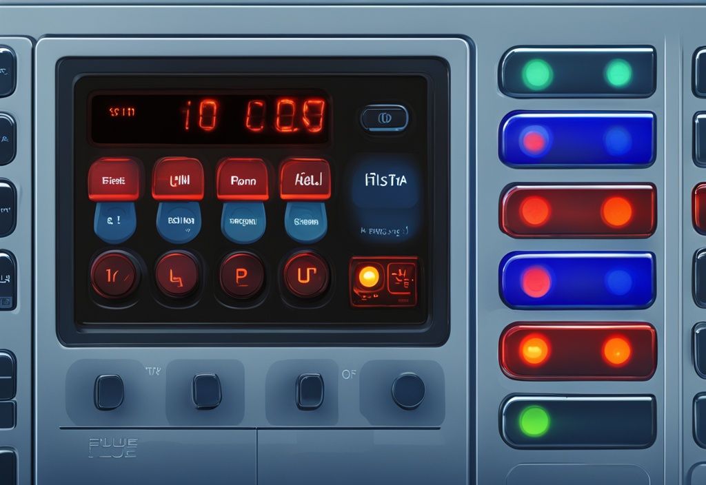 Modern digital painting of a Fujitsu air conditioner control panel with flashing error code lights, blue color theme.