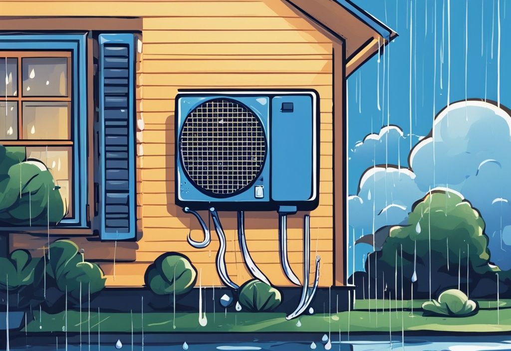 Modern digital painting of a blue-themed house exterior with a window AC unit, water droplets trickling down, and a small puddle beneath, as the sun peeks from behind clouds after rain.