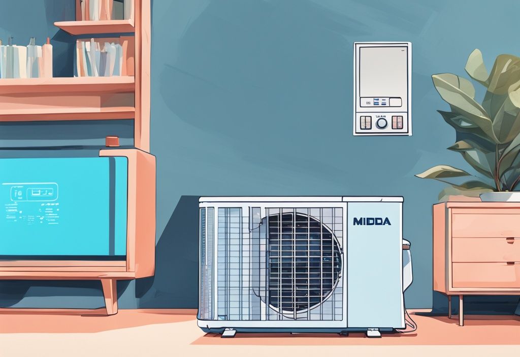 Modern digital painting of a Midea air conditioner with front panel open and high temperature thermometer, blue color theme